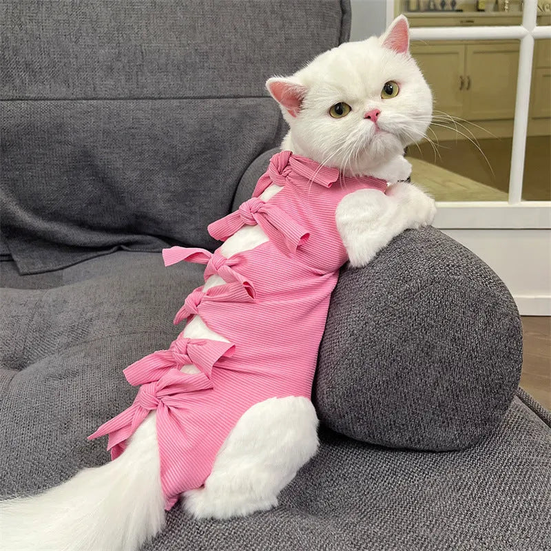Lace-up polyester cat sterilisation clothing shown in blue on a mannequin, sizes for cats 1.5kg to 9kg.