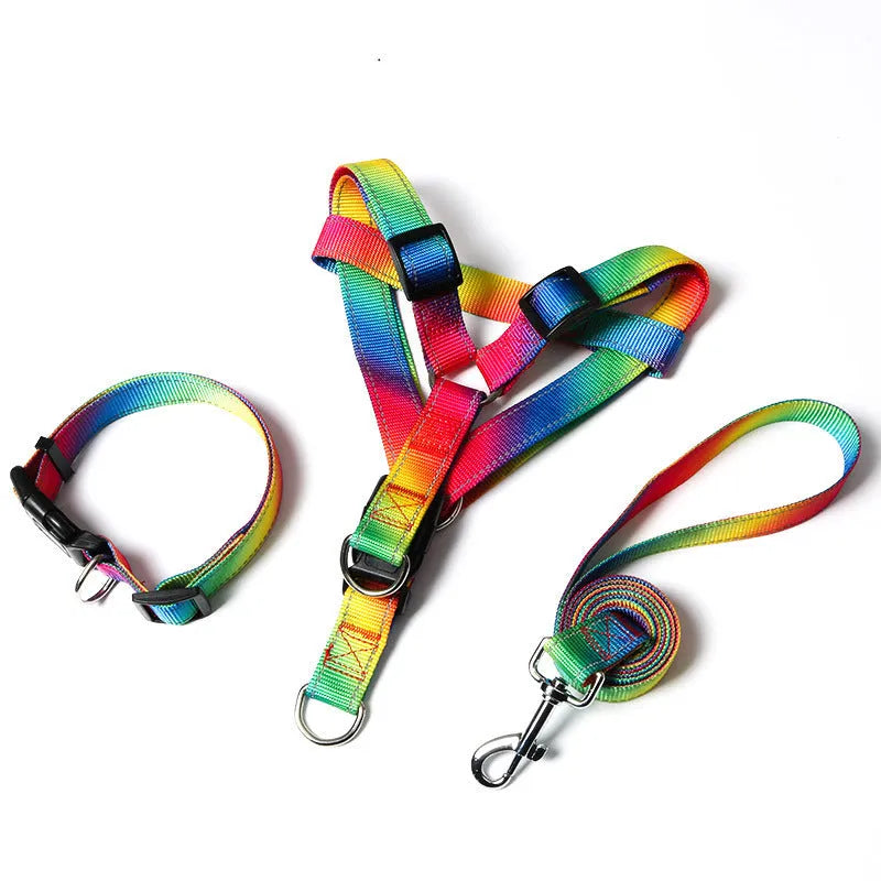 Colourful reflective three-piece dog set with chest and back cover, collar and rope lead in sizes L M S