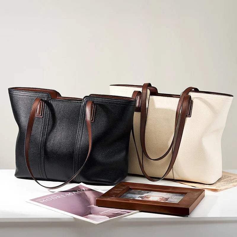 Women's genuine leather commuter shoulder bag with multiple internal compartments in horizontal square shape