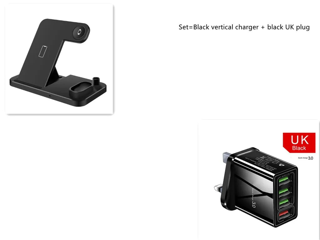 Black 4-in-1 wireless charging station with phone on adjustable magnetic stand, charging Apple Watch, AirPods, and Apple Pencil.