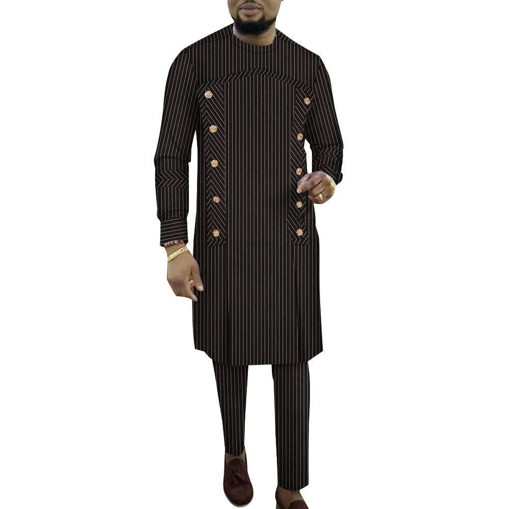 African men's striped robe two-piece set with long sleeve top and matching trousers in cotton fabric
