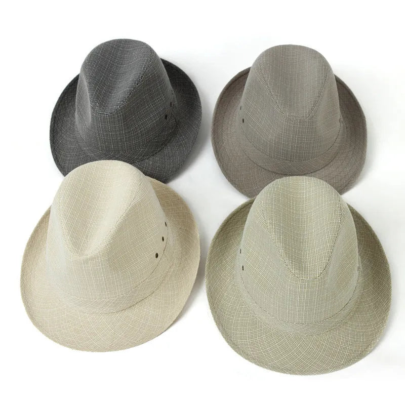 Men's classic fedora hat in suit material showing centre crease crown and flat brim.