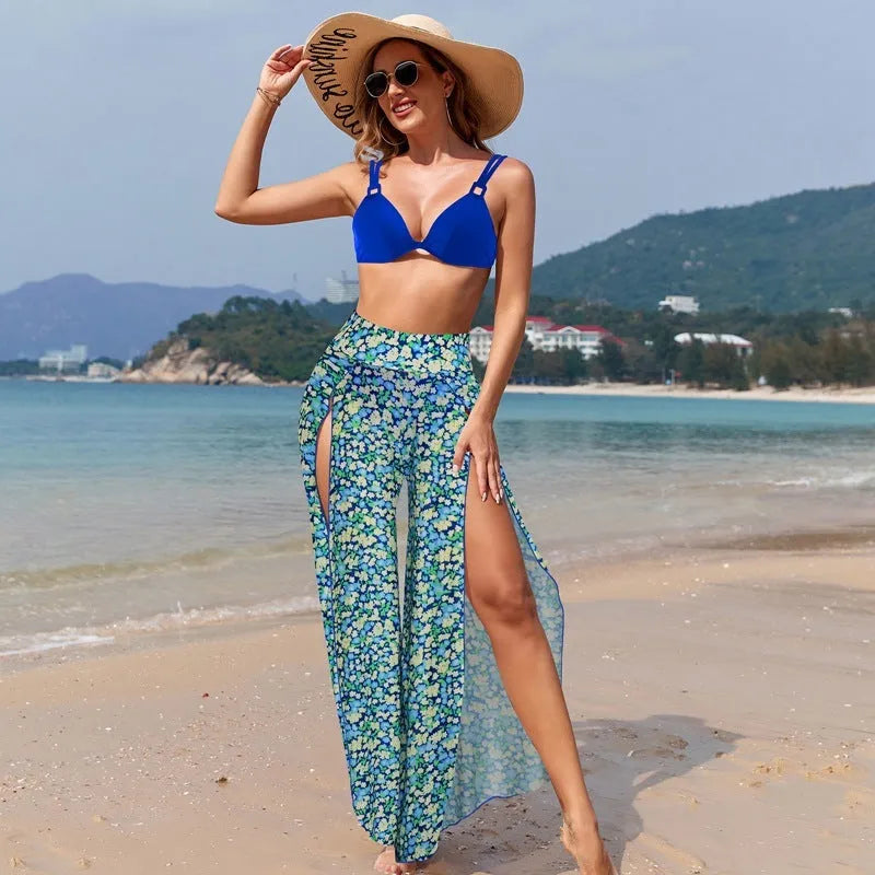 Women's three-piece bikini swimsuit set with quick-drying polyester fabric in leopard print pattern