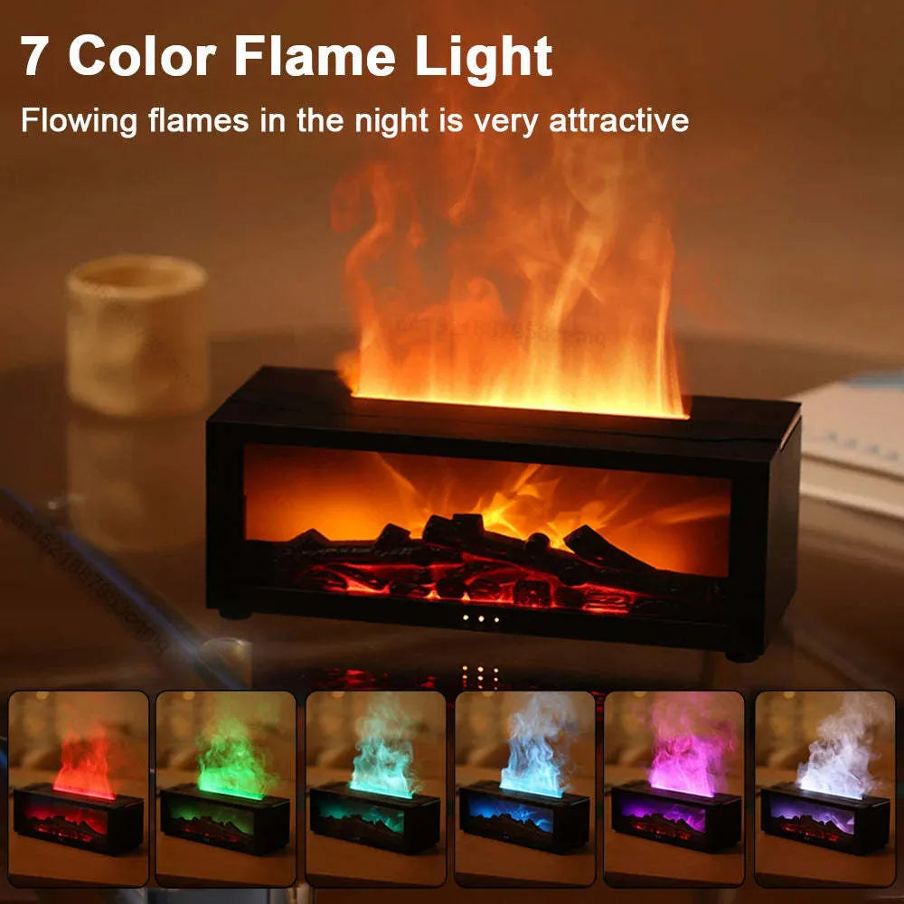 Square flame aromatherapy diffuser with 3D flame effect and colourful base lighting on desktop