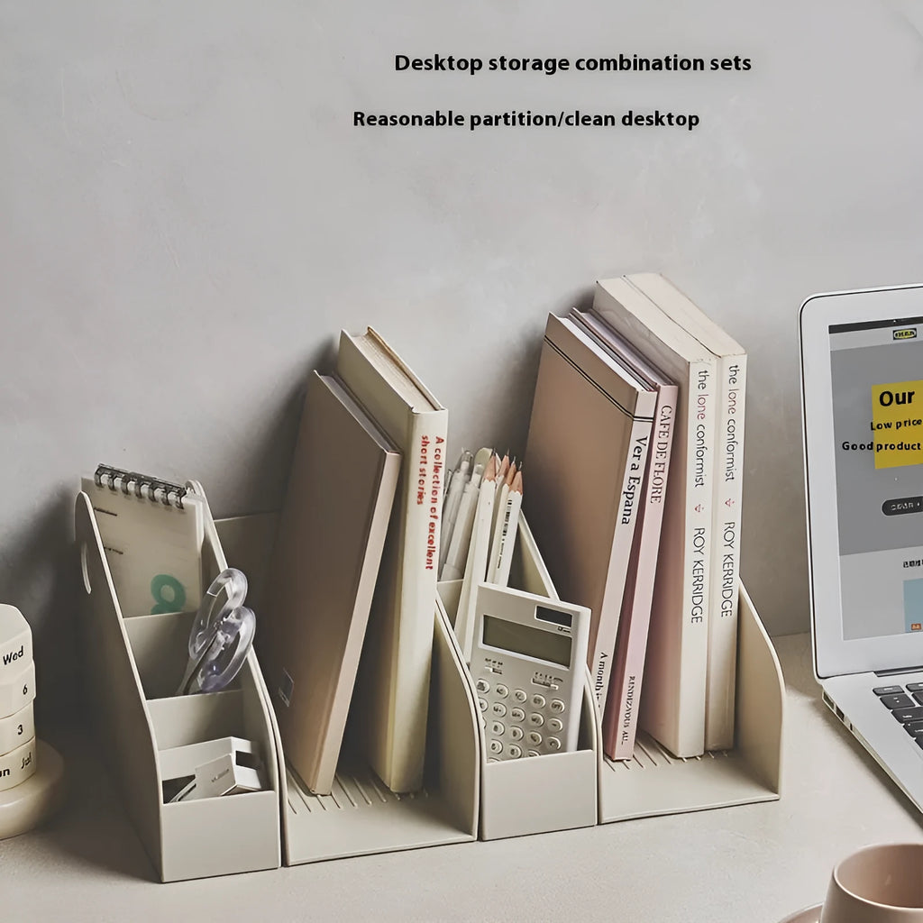Desktop storage box with two grid layers in milk coffee colour measuring 14.5x17x22cm