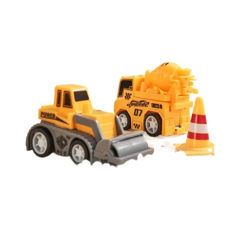 Rail car toy set with plastic track pieces and two electric vehicles in sliding layout