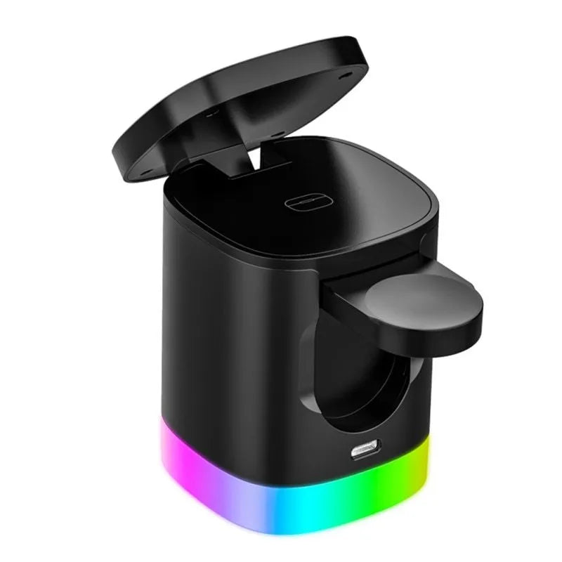 Black foldable 3-in-1 magnetic wireless charging station showing phone, watch and earbuds charging simultaneously.