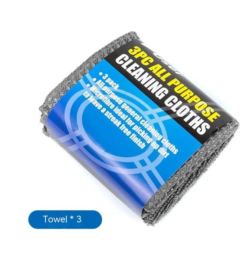 9-piece grey microfiber car wash cleaning set with gloves, sponge, brush, wipes and towels