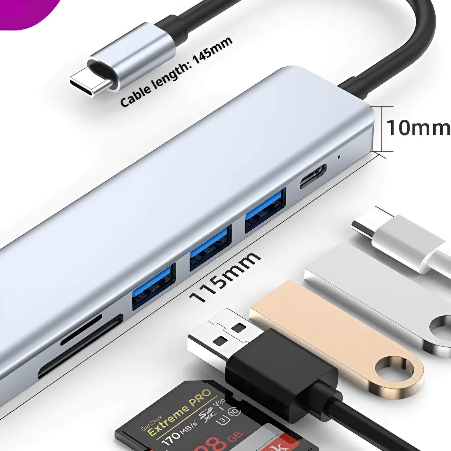 Seven-port USB expander with a short Type-C cable connected to a laptop.