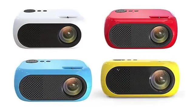 M24 portable mini LED projector in gold or white, showing compact size and included accessories.