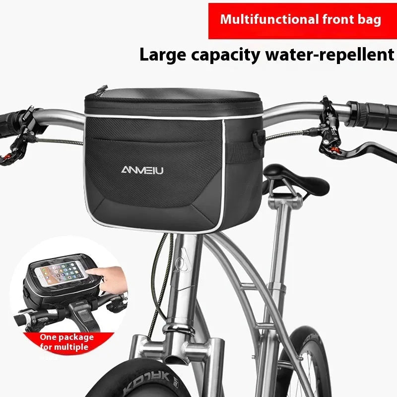 Black 7-inch polyester bicycle handlebar bag with mounting straps.