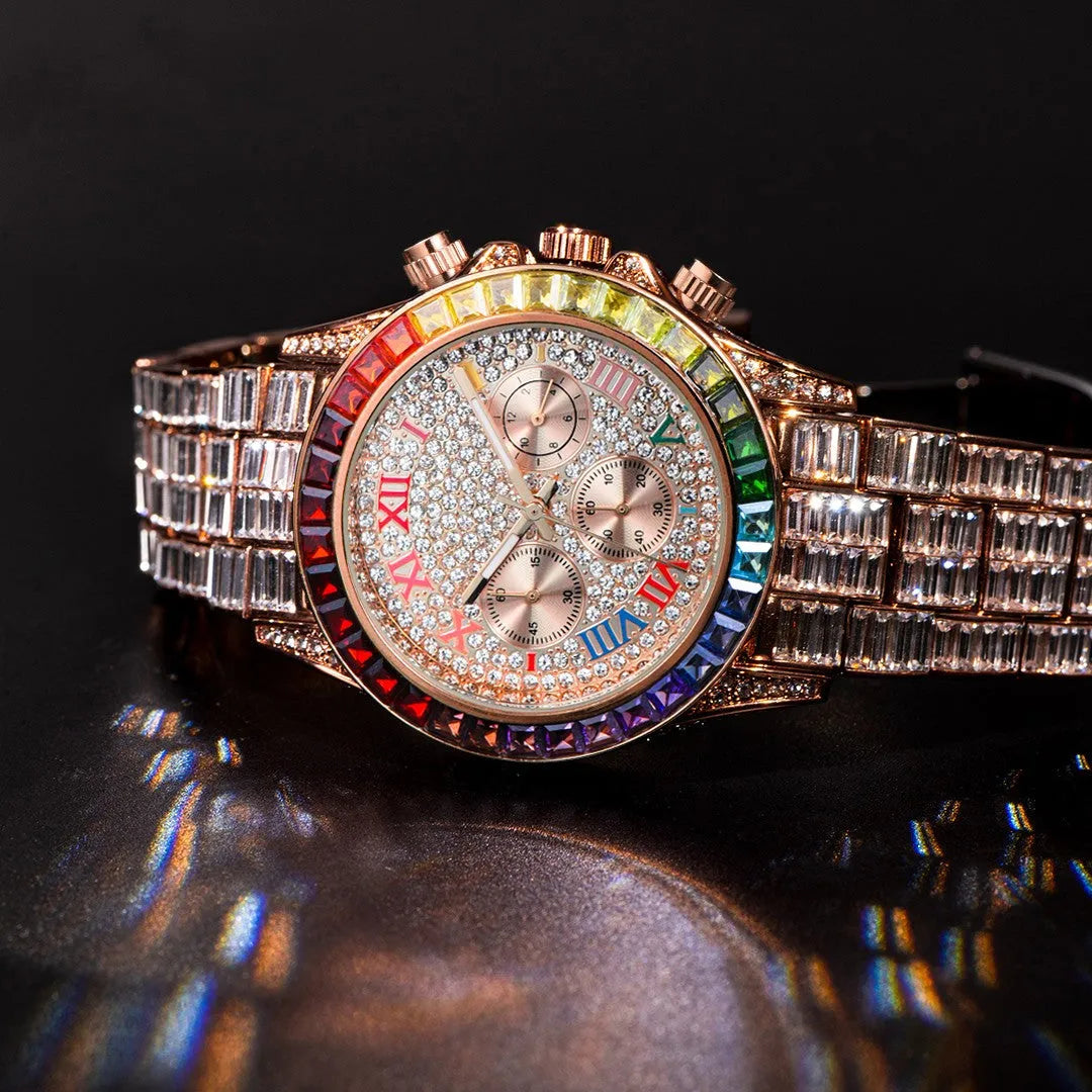 Three eyes rainbow diamond quartz watch for men with 33mm circular dial and 30M waterproof rating