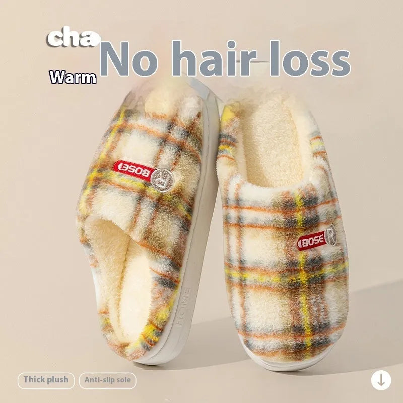 Plaid cotton slippers with non-slip PVC sole for indoor home use