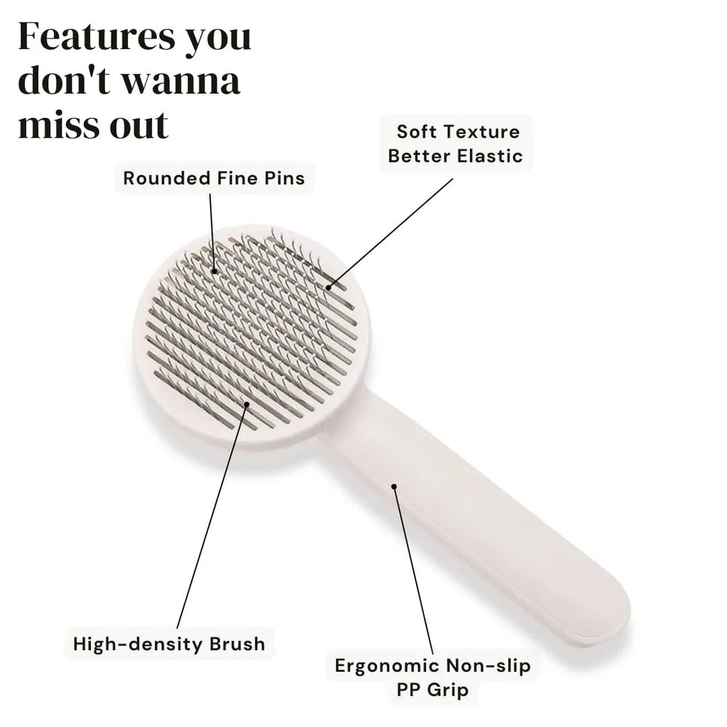 Blue self-cleaning slicker brush for dogs and cats with rubber handle and stainless steel pins.