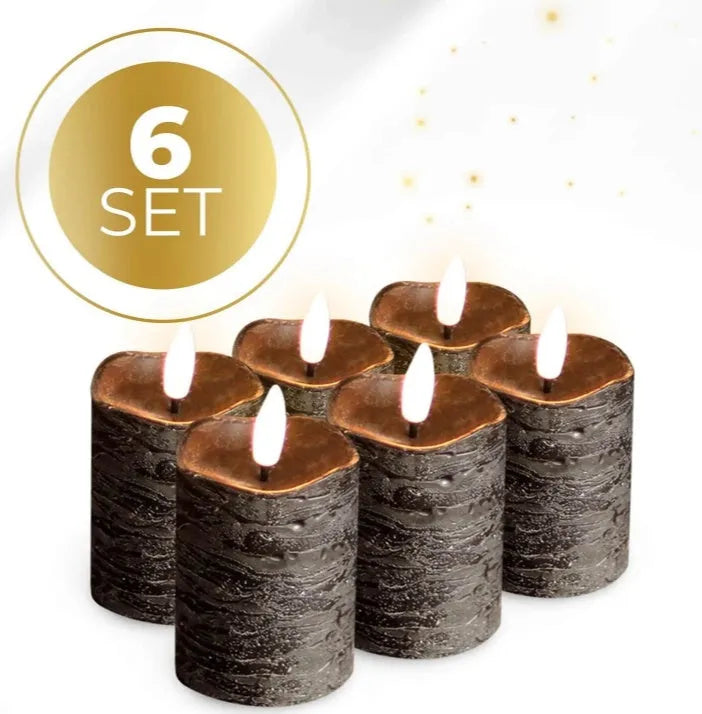 Set of four black S6 LED flameless pillar candles showing size scale