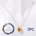 Natural stone beaded necklace and matching bracelet set on a table, showing adjustable cord.