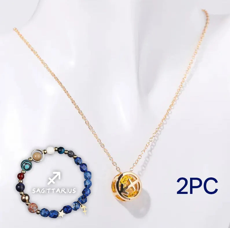 Natural stone beaded necklace and matching bracelet set on a table, showing adjustable cord.