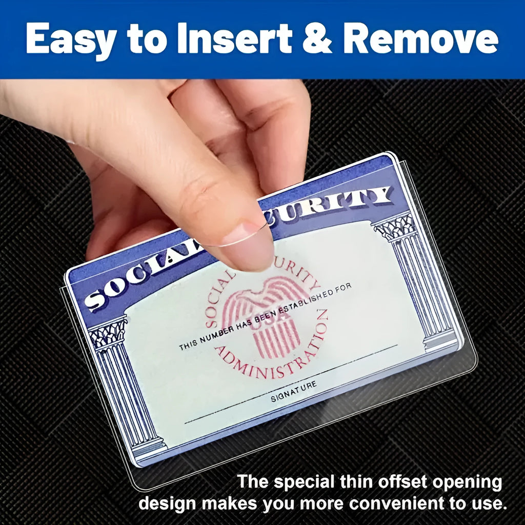Clear PVC social security card holder measuring 9.7 by 5.9 centimetres, showing an ID card inside.