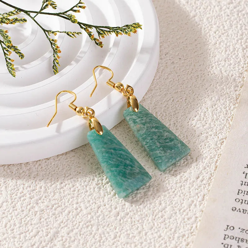 Amazonite rough stone trapezoid earrings with geometric design in gold and silver colours