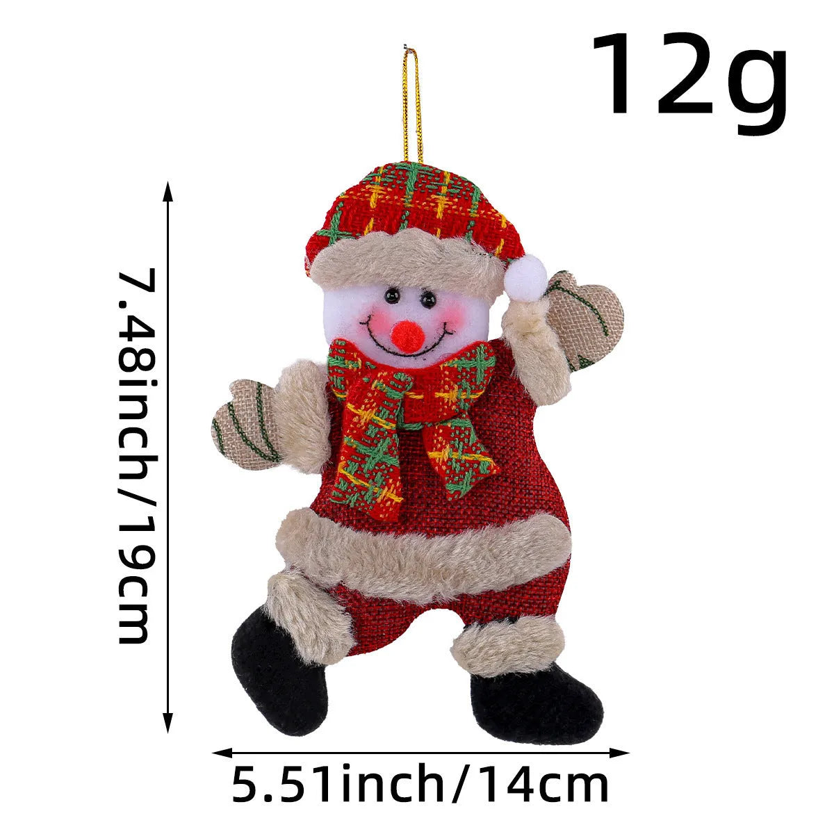 Set of four Christmas tree ornaments featuring Santa, snowman, reindeer and bear figures with red and white scarves