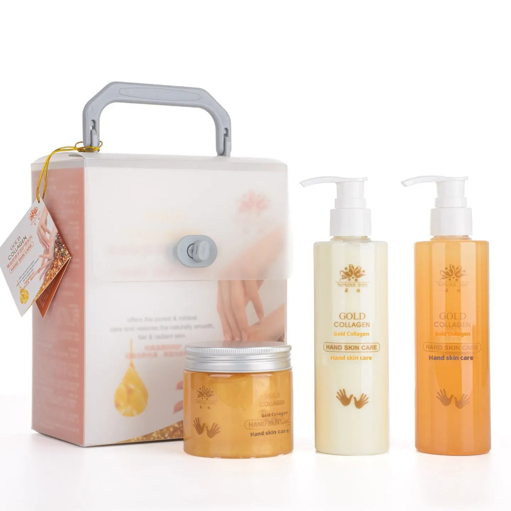 Gold Collagen Hand Care Set with seven products including hand cleansing gel, scrub gel, massage cream, hand mask, hand cream, and rose essential oil