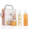 Gold Collagen Hand Care Set with seven products including hand cleansing gel, scrub gel, massage cream, hand mask, hand cream, and rose essential oil