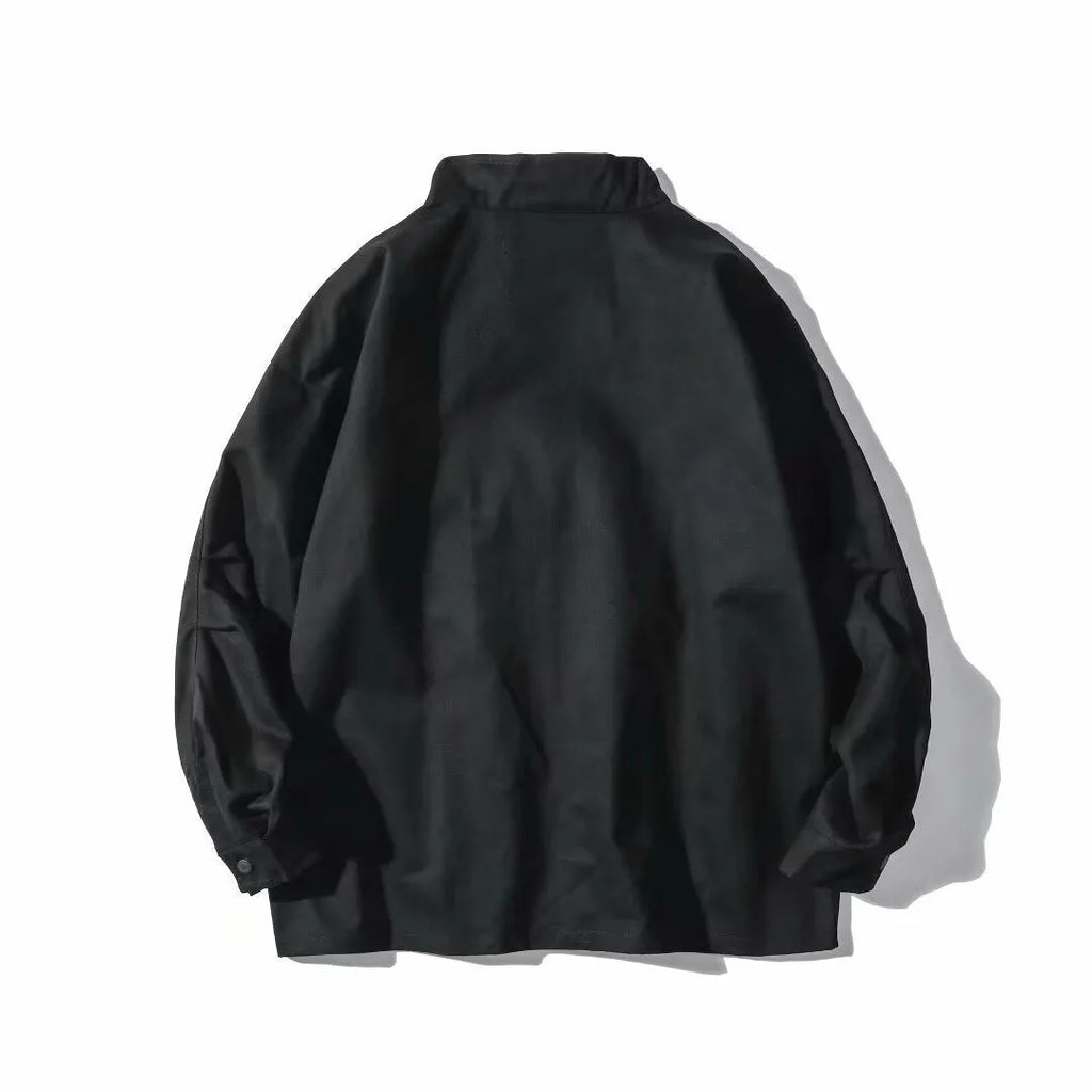 Men's multi-pocket workwear jacket in black or green, loose fit, long sleeve, sizes M to 3XL