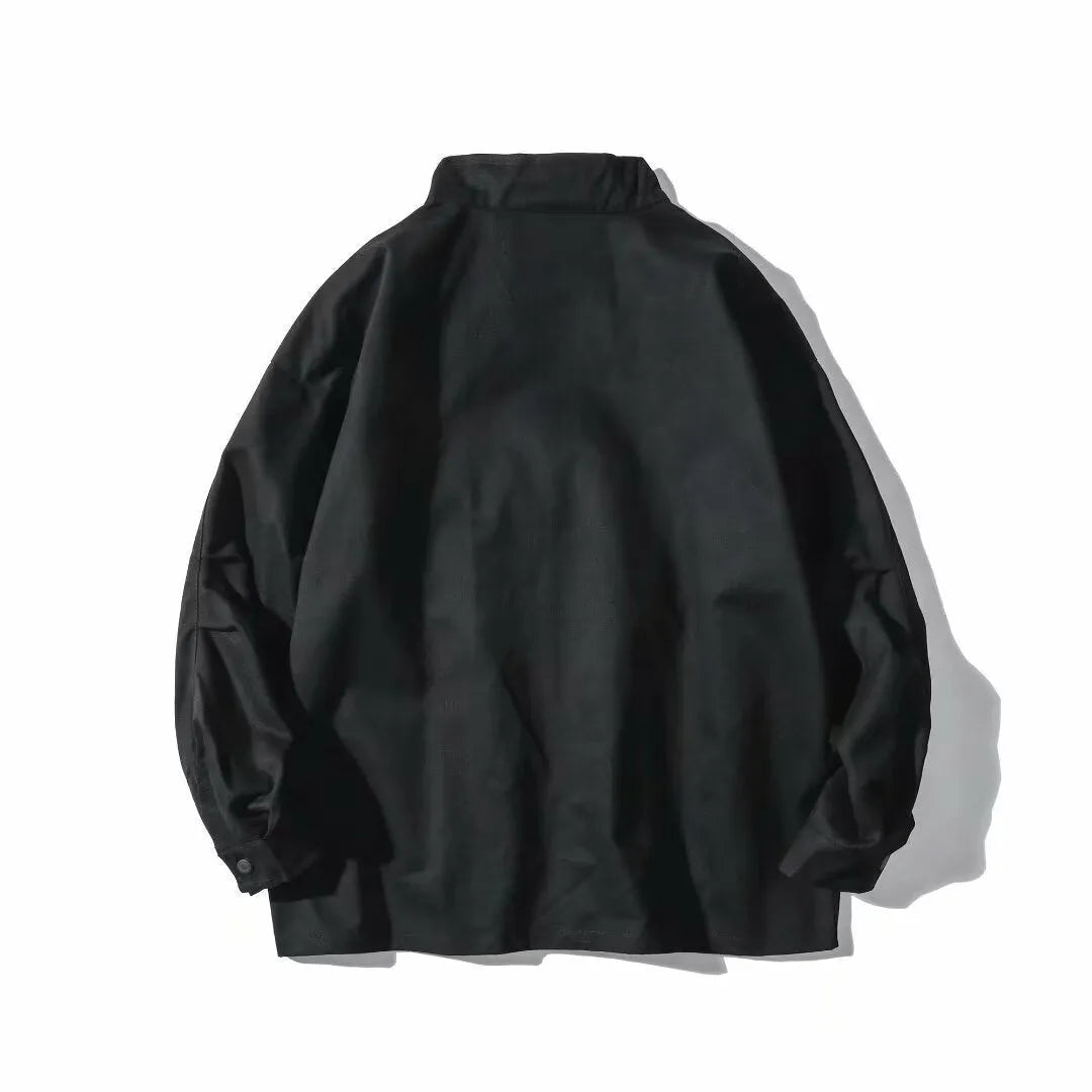 Men's multi-pocket workwear jacket in black or green, loose fit, long sleeve, sizes M to 3XL