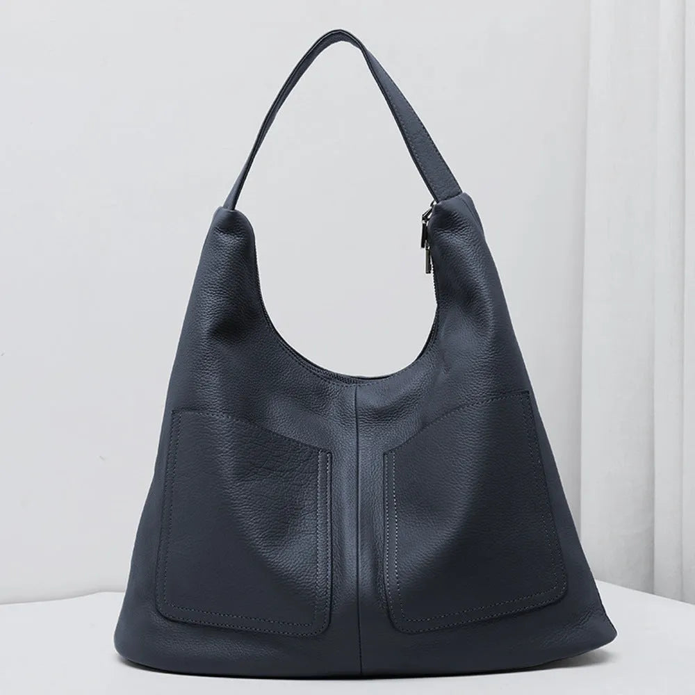 Large capacity soft first layer cowhide genuine leather bucket bag with zip pockets in black, coffee, khaki grey or dark blue