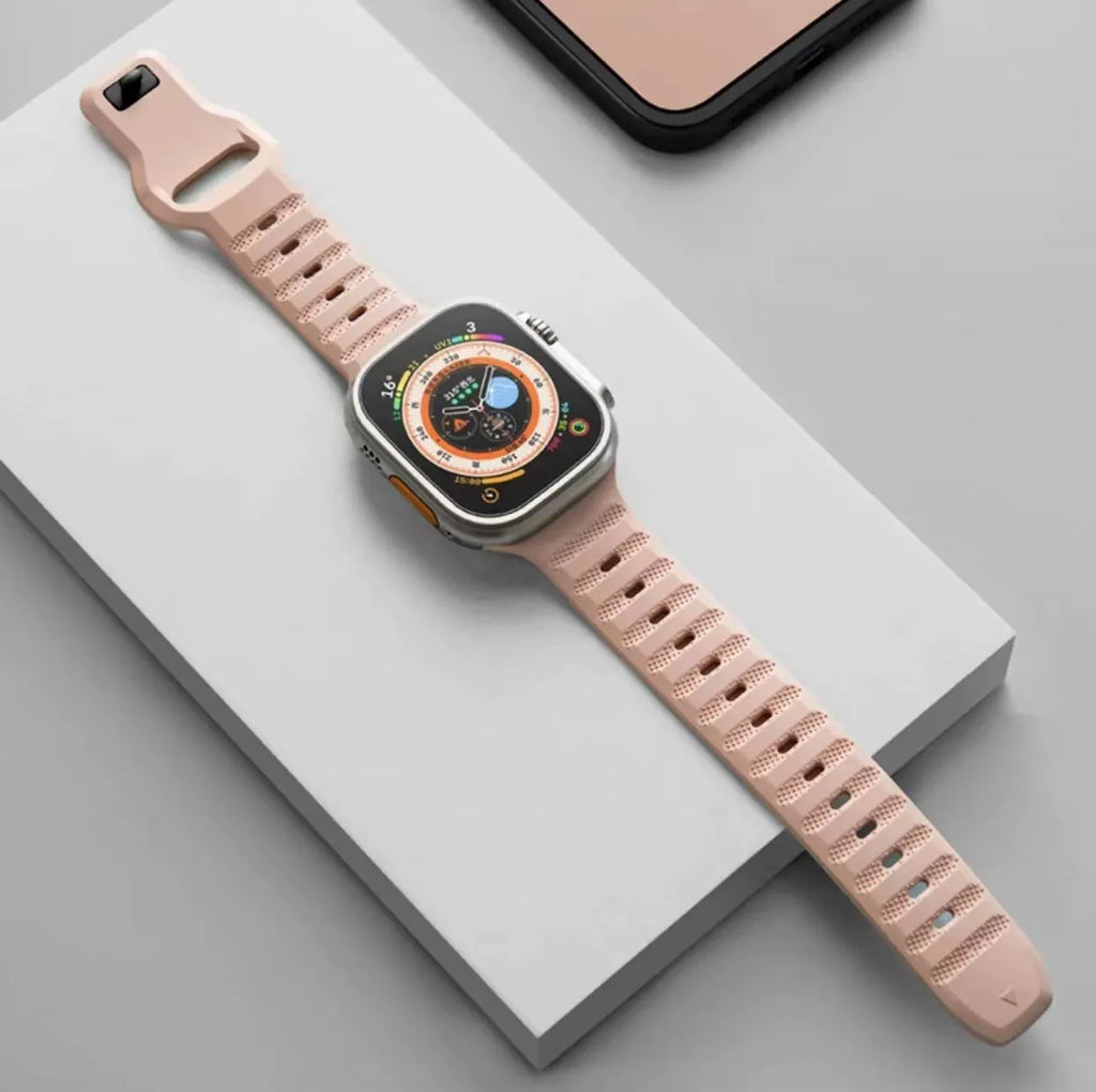 Fluoro rubber watch band for Apple Watch in black, shown with a silver T-buckle.