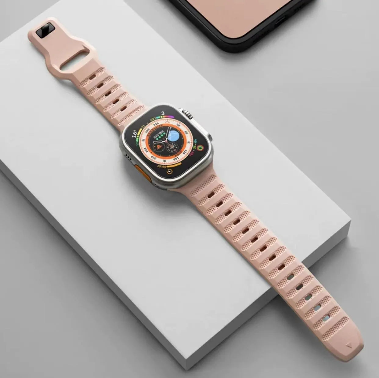 Fluoro rubber watch band for Apple Watch in black, shown with a silver T-buckle.