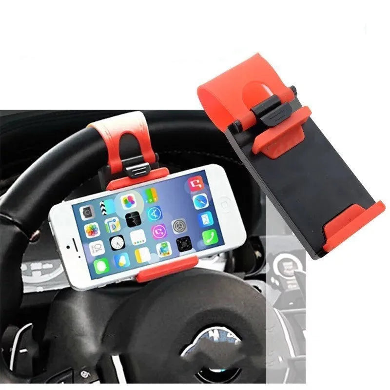 Car steering wheel phone holder in five colour options showing compact ABS plastic construction