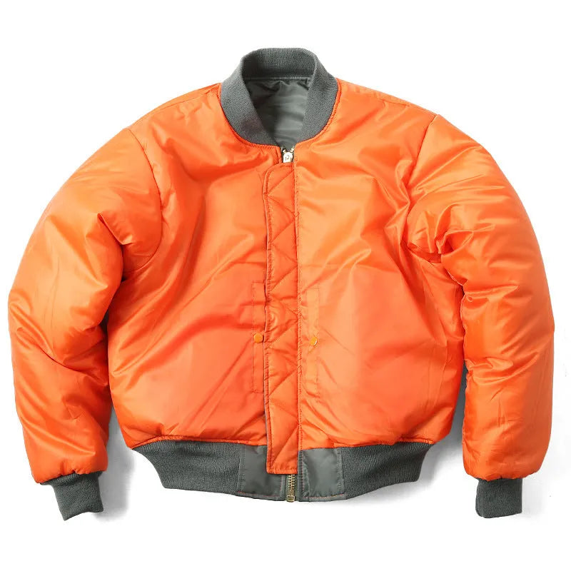 Men's army green loose fit cotton-padded pilot jacket with a double-sided construction on a hanger.