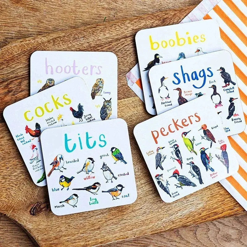 Bird pun coaster set, square PVC drink mats, 10x10x0.35 cm, 6 or 12 pieces