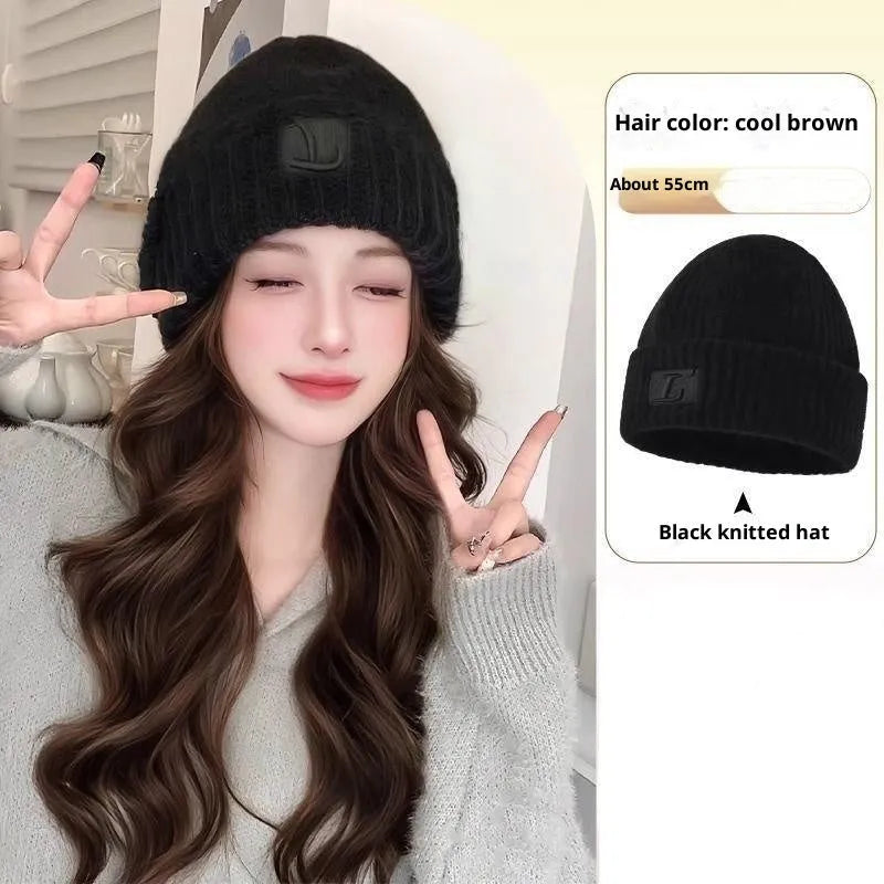 Hat wig for women with big wave curls in brown black colour, protein filament hair on mannequin