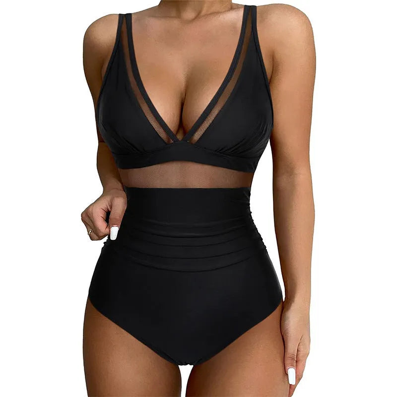 Black pure colour mesh halter one-piece swimsuit with brief coverage and sleeveless design