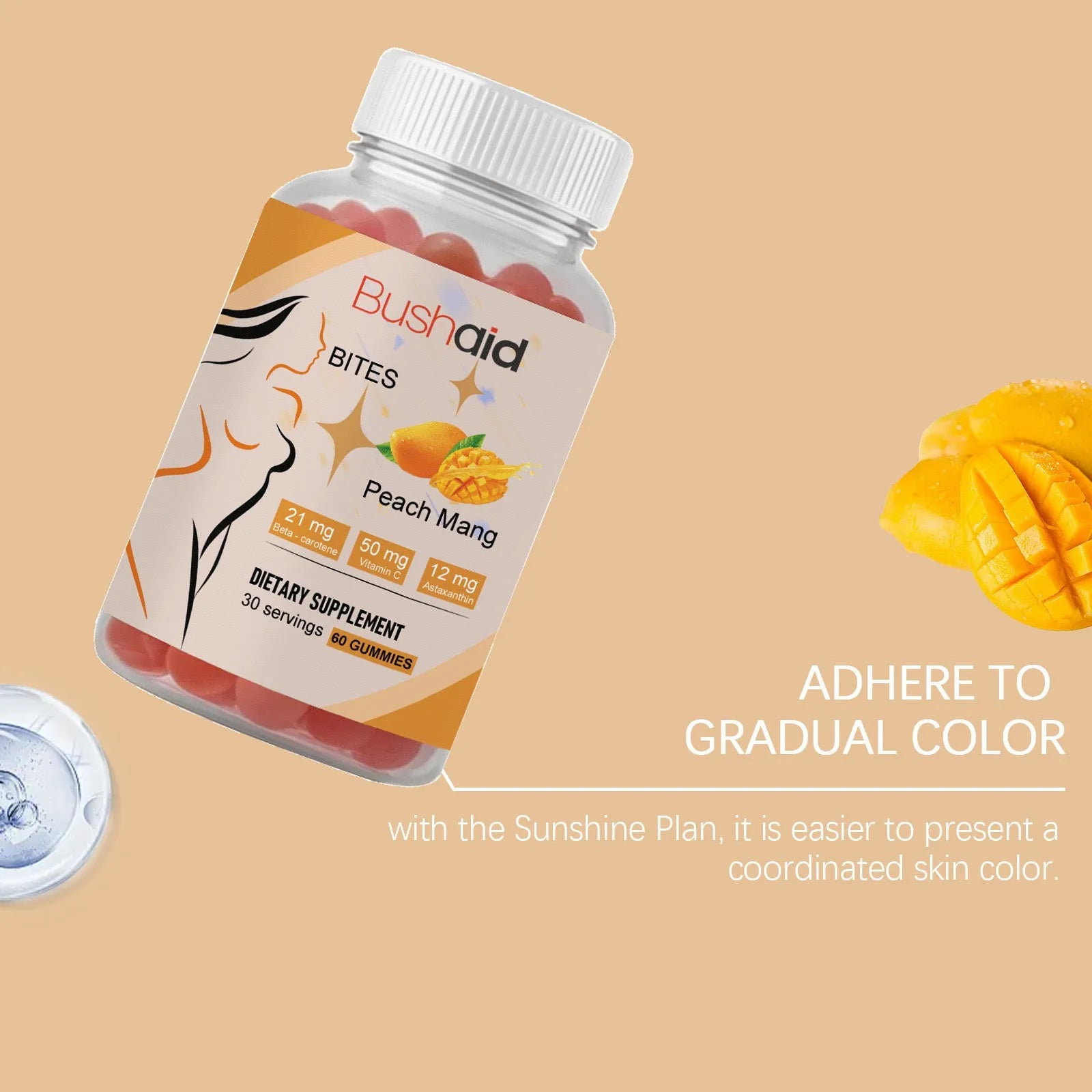 BUSHAID Tanning Gummy Candies dietary supplement with 60 soft candies for skin treatment support