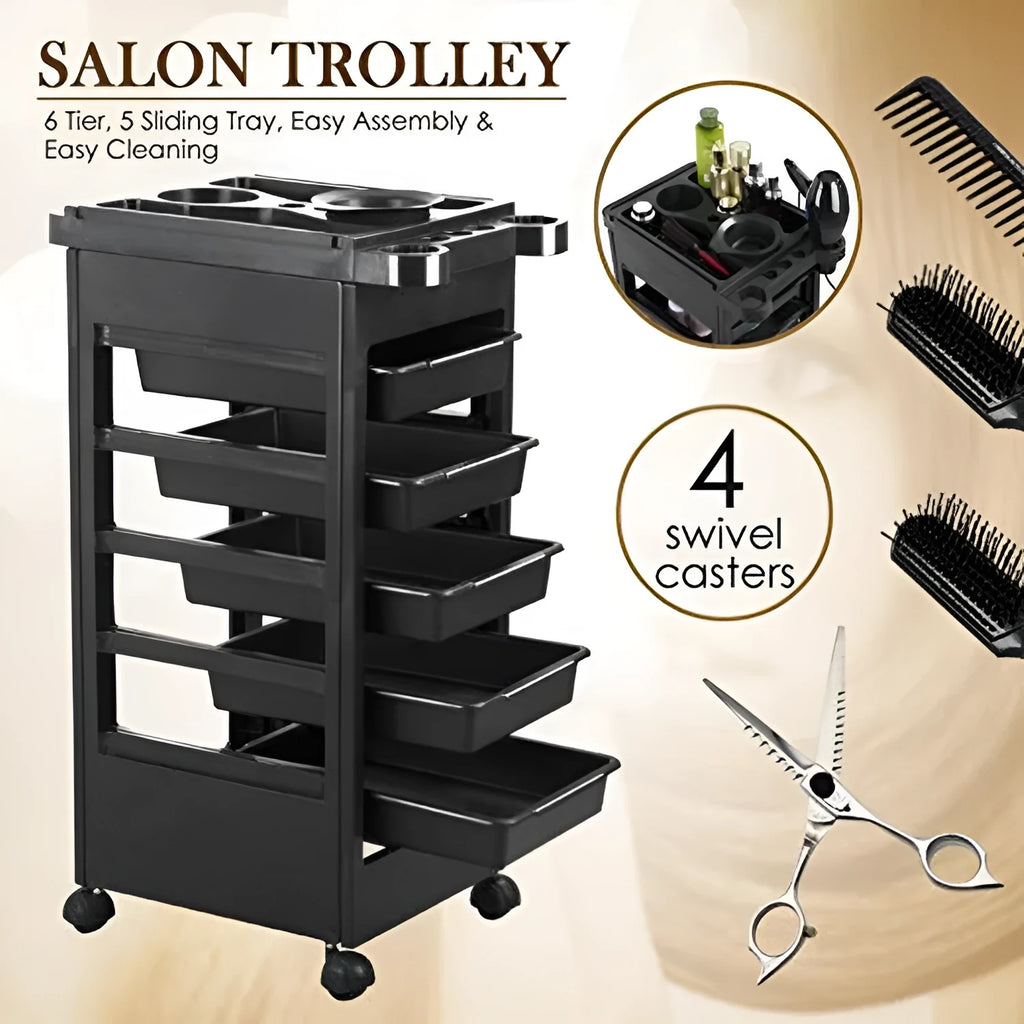 Black plastic 6-layer hair salon tool car trolley with multi-purpose storage