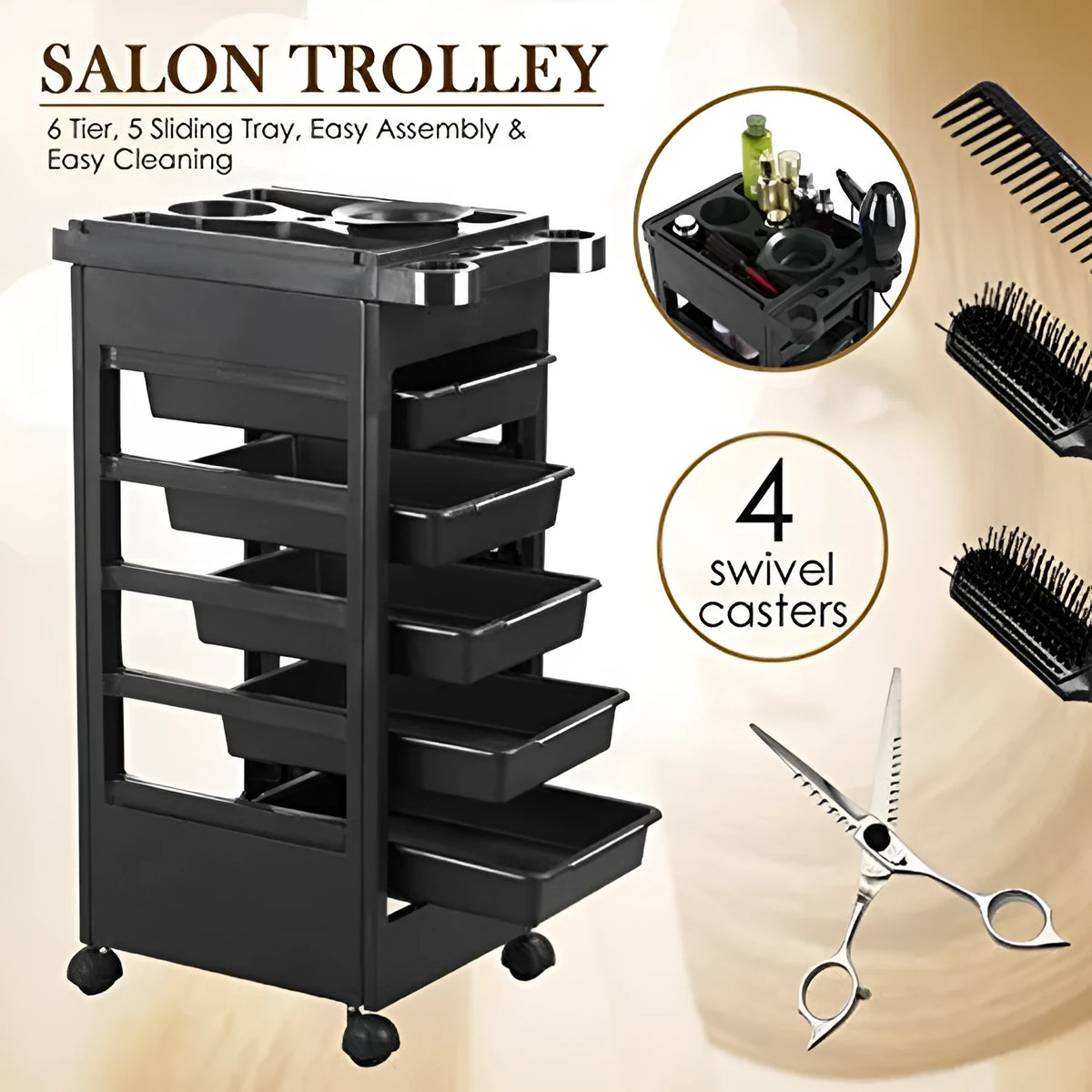 Black plastic 6-layer hair salon tool car trolley with multi-purpose storage
