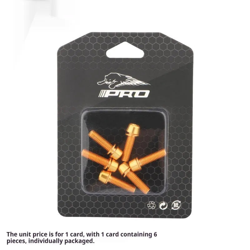 Six stainless steel mountain bike handlebar screws in seven colour options on packaging card