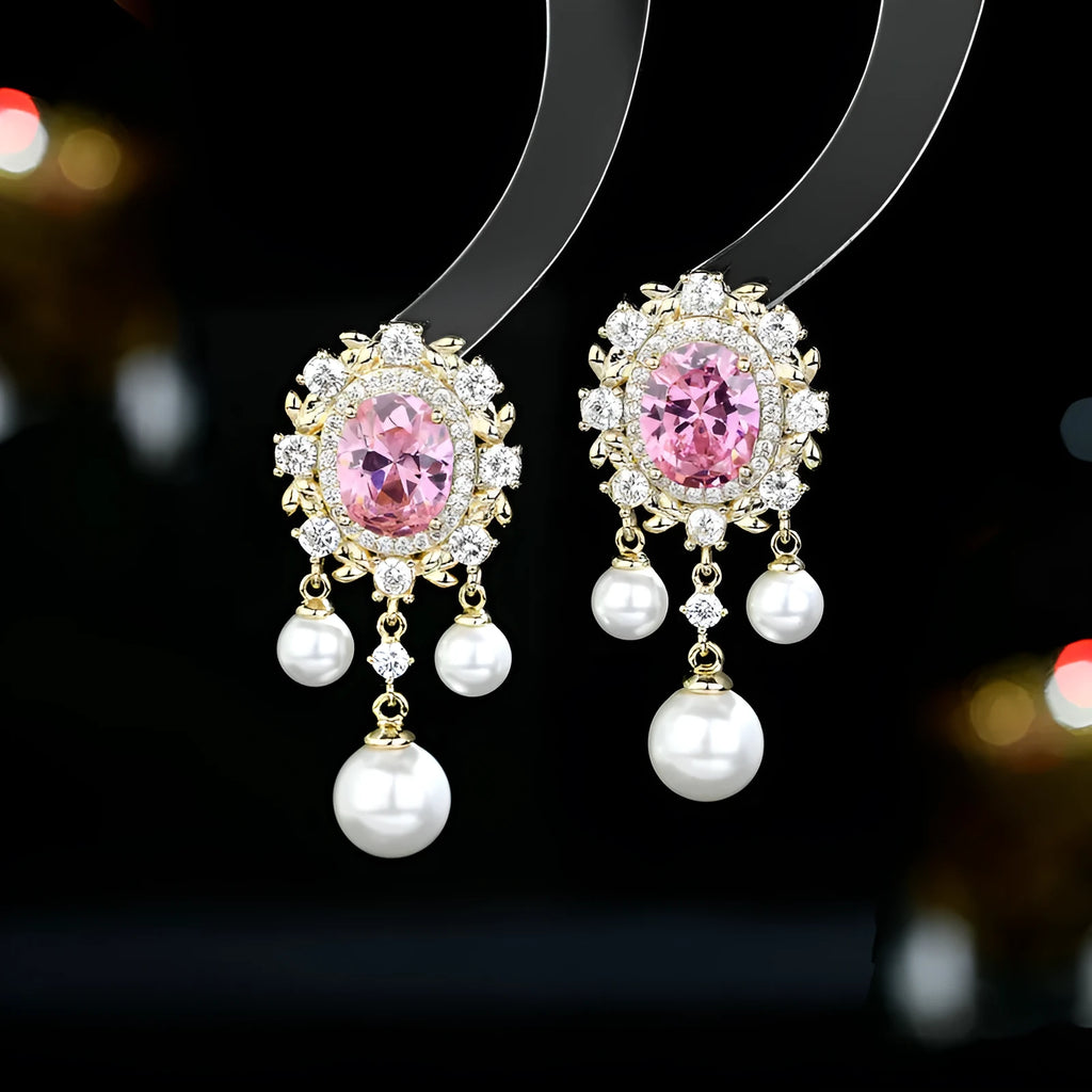 Oval geometric earrings with zircon inlaid details and pearl-accented tassel drop in light purple
