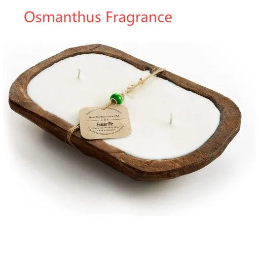 Retro lavender coloured wooden basin containing a soy wax aromatherapy candle with three wicks.