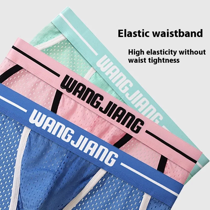 Men's black mesh triangle underwear briefs made from breathable Ice Silk nylon fabric