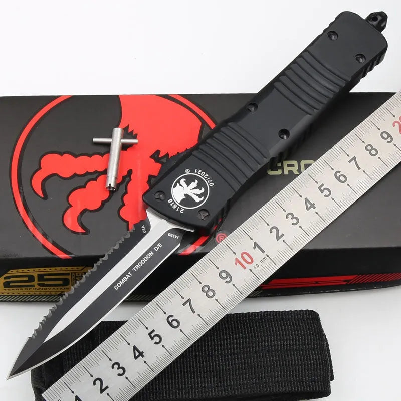 Folding knife with D2 steel blade, black and white wire drawing 6061 aluminium handle, 24cm total length and 148g weight