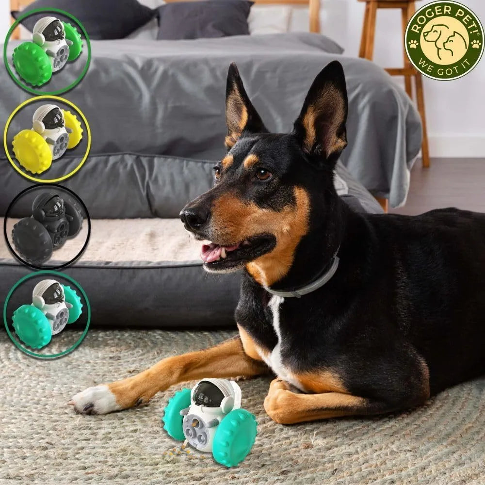 Robot-inspired self-balancing dog treat dispenser toy in various colours for small pets