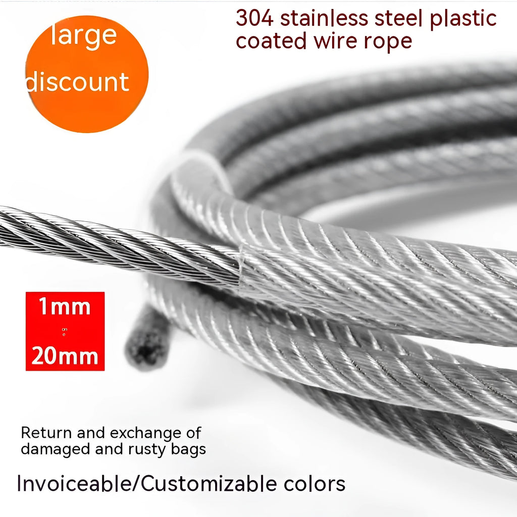 Close-up of a coiled 304 stainless steel coated security cable with double twist multi-strand construction.