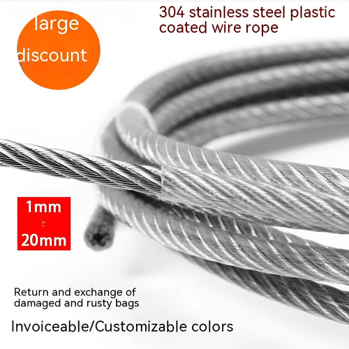 Close-up of a coiled 304 stainless steel coated security cable with double twist multi-strand construction.
