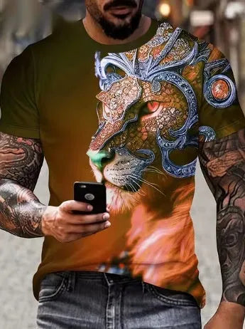Men's 3D lion printed polyester t-shirt showing detailed graphic design on front