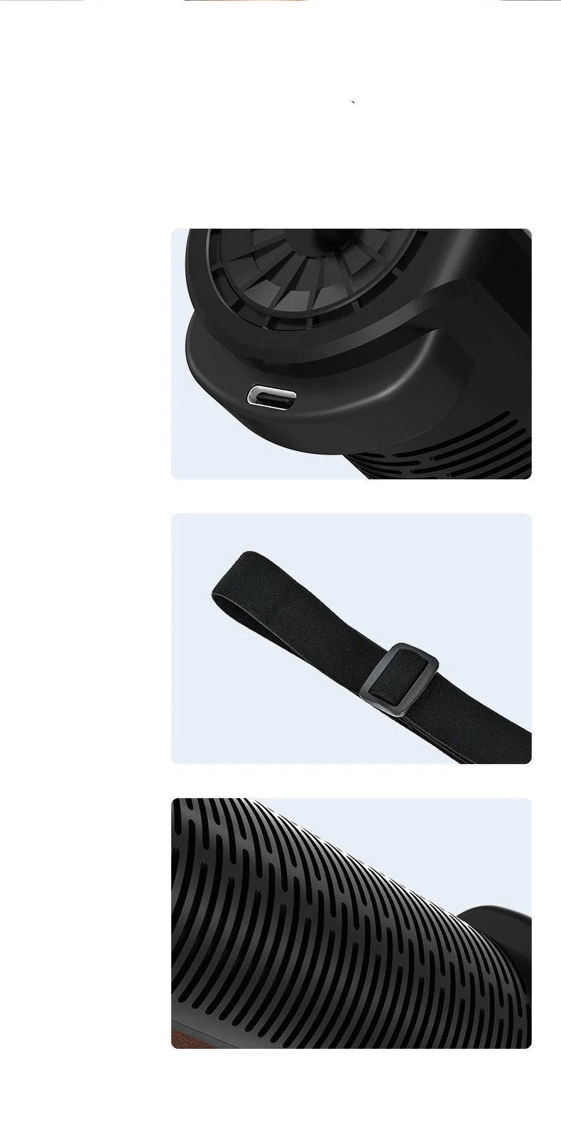 Compact black bladeless car fan with USB cable, mounted on a car dashboard