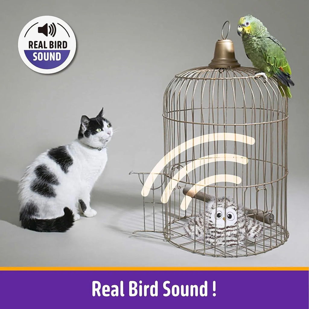 Gray rechargeable automatic chirping owl cat toy with flapping wings